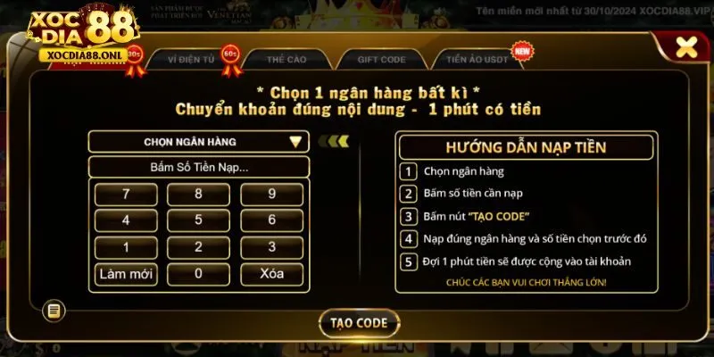 Lưu ý cần biết khi nạp tiền XOCDIA88